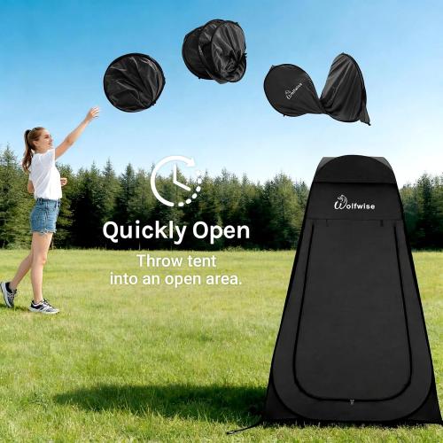 WolfWise PRO Pop Up Shower Tent with Silver Coated, Floor and Rain Fly | Portable Changing Tent with Window & Carry Bag for Camping, Outdoor Privacy Toilet Bathroom with UV Protection, 75/79/83 H