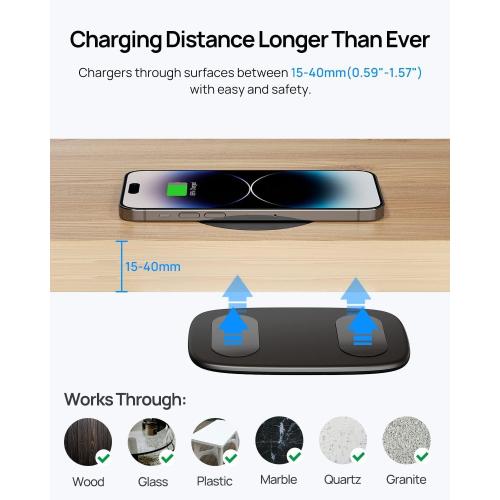 KPON Invisible Wireless Charger, 40MM(1.57) Wireless Charging Desk Mat Mouse Pad, Hidden Charging Station for iPhone 16/15/14/13/12/Samsung/Google Pixel/LG/Wireless Phones(Adapter Included)