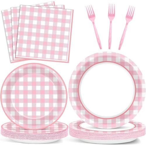 200 PCS Pink Checkered Tableware Disposable Pink And White Checkered Party Supplies Dinnerware Set Plaid Plates Outdoor Supplies Girls Barbecue Picnic Birthday Party Decoration Serve 50 guest