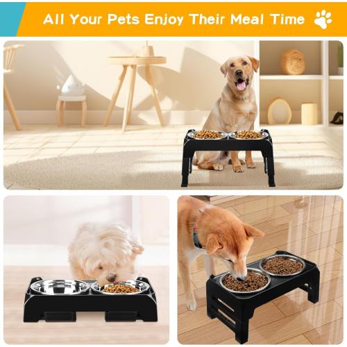 COMESOON Elevated Dog Bowls for Small Medium Dogs, 3 Height Adjustable Raised Stand with 2 Thick 6 Stainless Steel Food Bowls, Non-Slip Feeder Adjusts to 2.75, 6, 7.5, Black