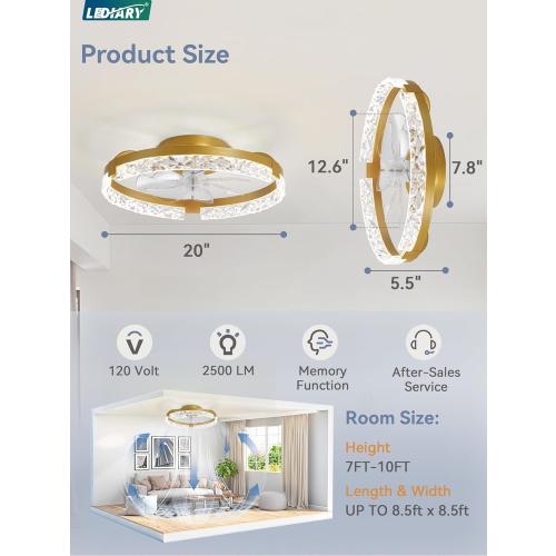 LEDIARY 20 Inch Low Profile Ceiling Fans with Lights and Remote, Fandelier Ceiling Fan Flush Mount, 3000K-6000K Dimmable LED Fan Light, Gold Modern Ceiling Fans with Lights for Bedroom