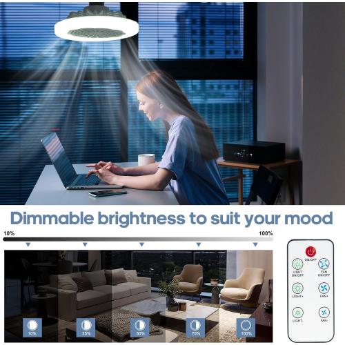 DGO Socket Fan Light with Remote, Enclosed Screw in Bladeless Mini Ceiling Fan 8.86 in Dimmable for Kitchen Bedroom Washroom Laundry Room Small Spaces Circulating Air (White)