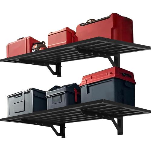 2 Pack Garage Wall Mounted Shelf System, 3.87'×1.64' Heavy Duty Steel storage Shelving with 6 Hooks, 2 shelves with stands 600lbs, Black