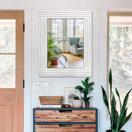 Rustic Wall Mirror, Rectangular Vintage Wood Framed Large Mirror for Living Room, Bathroom, Bedroom & Entrance - White, 26 x 18