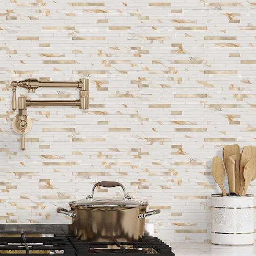 STICKGOO 20 Sheets Peel and Stick Backsplash Tile, Stick on Backsplash for Kitchen and Bathroom, Calacatta Gold Marble Look PVC Mixed Gold Self Adhesive Wall Tiles