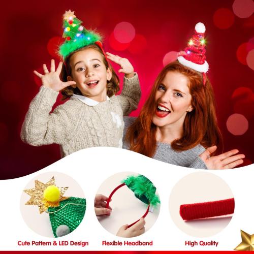 JOYIN 2 PCS Lighted Christmas Headbands with LED lights in Springy Santa Hat Tree Designs for Christmas and Holiday Parties (ONE SIZE FIT ALL)