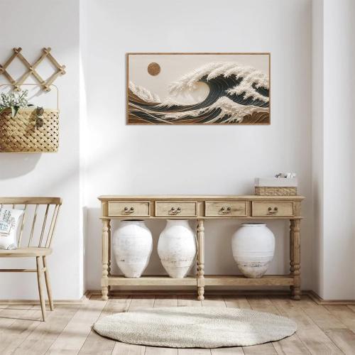 HLNIUC Boho Sea Great Wave Framed Canvas Wall Art,Vintage Japanese Ocean Horizontal Wall Decor,Large Abstract Nature Artwork(40x20),Neutral Sun Seascape Prints for Living Room,Bedroom,Office