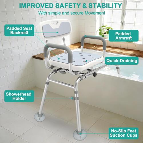 UNILEAF Tub Transfer Bench with Swivel Seat, 350 lb Sliding Shower Chair | Adjustable Height,360° Swivel Seat,Suction Cup Feet,Safety Strap for Seniors,Adulto Mayor Obese,FSA/HSA Eligible