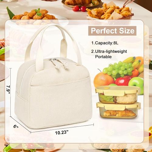 LEDAOU Lunch Box for Women Insulated Lunch Bag Corduroy Lunch Tote Bags Leakproof Cooler Lunch Case for Travel Work Picnic (Corduroy Solid Beige)