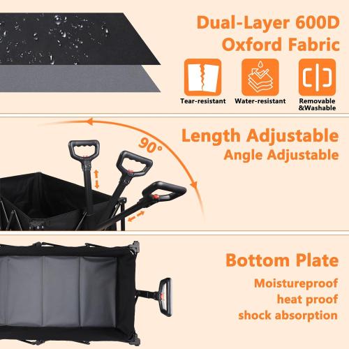 42 L Collapsible Foldable Wagon, 500LB Weight Capacity with 220L Heavy Duty Folding Cart,Utility Wagon with Big All-Terrain Beach Wheel, Drink Holders and 2 Bungee Cords,Black