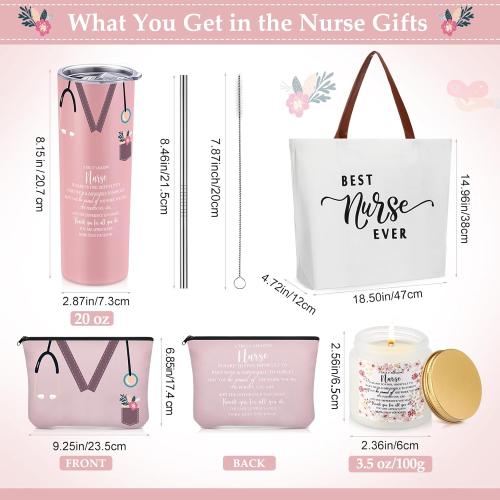 Skylety 4 Pcs Nurse Gifts for Women Rn Lpn Practitioner, Gift for Christmas, Retirement, Birthday, Graduation, Appreciation Nursing Student with 20oz Tumbler Tote Bag Makeup Bag Scented Candle(Pink)