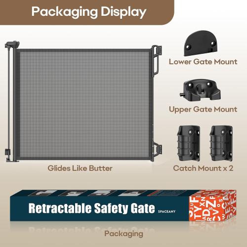 SPACEANY Retractable Safety Baby Gate or Mesh Dog Gate,Durable Portable Mesh Retractable Gate,Easy to Use for Stairs, Doorways, Hallways, Indoor, Outdoor, 33.5 Tall, Up to 45 Wide, Black