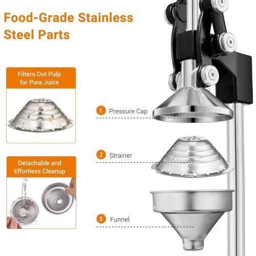 Cast Iron Juicer with Stainless Steel Cup, for Orange, Lemon, Lime, Citrus, Grapefruit & Pomegranate, Heavy Duty Manual Juicer, Hand Press Juicer, Easy to Clean, Black