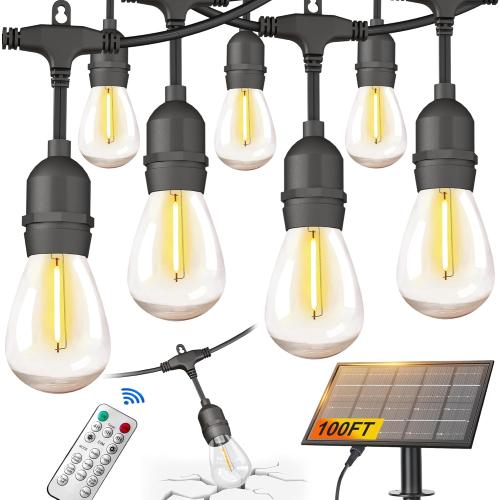 100FT Solar String Lights Outdoor Waterproof with Remote Control Solar Patio Lights 30 2 shatterproof LED E26 S14 Bulbs for Porch Garden Market Bistro Patio Backyard Fence