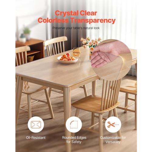 VEVOR  Large Clear Table Cover Protector, 1.5mm Thick PVC Plastic Tablecloth, Waterproof & Oil Spill Proof, Customizable Rectangle Table Cover for Writing Desk, Coffee Table, Dining Room Table