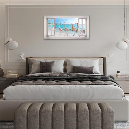 Flamingo Beach Ocean Large Wall Art Coastal Pictures Wall Decor Pink Flamingos Landscape 3d Window Big Canvas Prints Framed Modern Painting Artwork for Hotel Bathroom Living Room Office 60x30