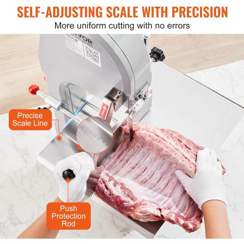 Commercial Electric Meat Bandsaw, 1500W Stainless Steel Countertop Bone Sawing Machine, Workbeach 19.3 x 15, 0.16-7.9 Inch Cutting Thickness, Frozen Meat Cutter with 6 Blades for Rib Pork Beef