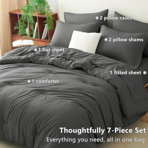 CozyLux Queen Comforter Set Dark Grey, 7 Pieces Bed in a Bag Queen Comforter Set with Sheets, Bedding Sets with Down Alternative Comforter, Fitted Sheets, Flat Sheets, Pillow Shams and Pillowcases