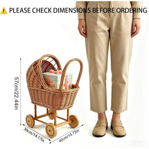 Wicker Flower Girl Basket with Handle, Vintage Rattan Baby Stroller Basket for Wedding Ceremony, Woven Baby Shower Decoration Basket for Church Parties
