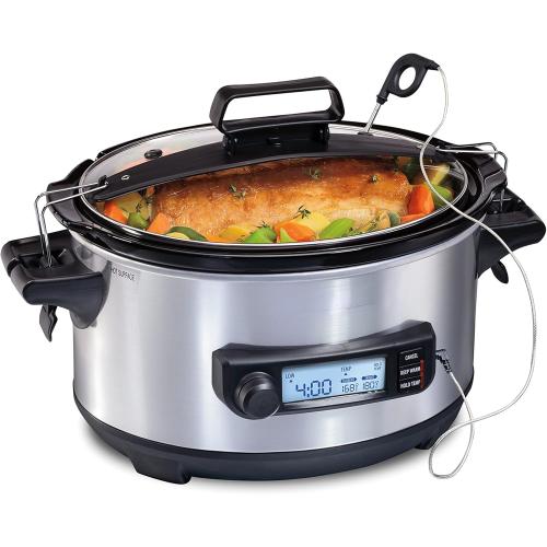 6 Quart Slow Cooker, Stainless, Integrated Probe Track’s Your Food’s Temperature, Expand Your Cooking Options, Suitable for Kitchen, Dining Room, Etc, 16.00 x 10.63 x 16.19 Inches (L x W x H), Silver
