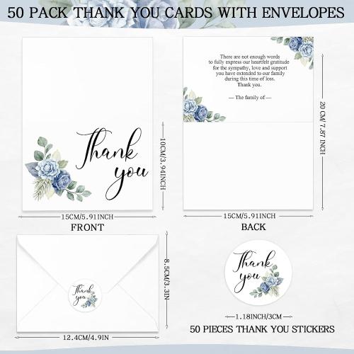 Fumete 50 Set Funeral Thank You Cards, Flower
