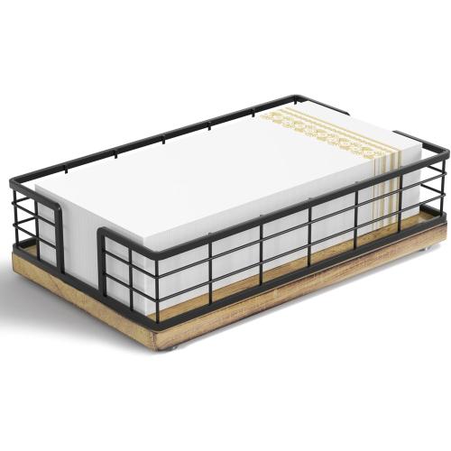 Wican Guest Towel Holder Tray for Bathroom, Oak and Iron Napkins Holder for Powder Room Dinning Table Wooden Basket for Disposable Paper Hand Towels Black and Farmhouse Brown