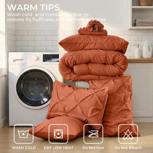 Sasttie King Size Comforter Set, 7-Piece Bed in a Bag, Pintuck Bedding Set for All Season, Includes Comforter, Flat Sheet, Fitted Sheet, Pillowcases and Pillowshams, Burnt Orange