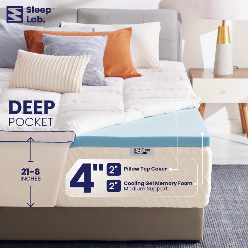 Sleep Lab 4 Inch Memory Foam Mattress Topper - Queen Size - Cooling Gel Memory Foam, Medium Support   Pillow Top