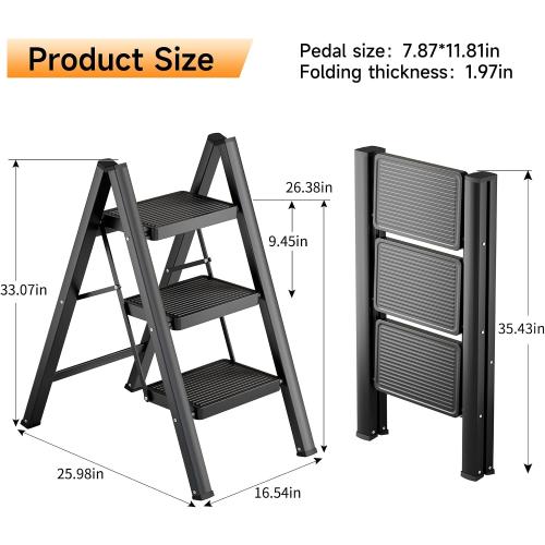 3 Step Ladder,Folding Step Stool with Widen Anti-Slip Pedals,Sturdy Carbon Steel Ladder,Convenient Handrail Heavy Duty,Step Stools for Adults Kitchen (Black Color)