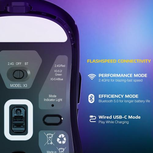 ATTACK SHARK X3 Lightweight Wireless Gaming Mouse with Tri-Mode 2.4G/USB-C Wired/Bluetooth,Up to 26K DPI, PAW3395 Optical Sensor,Kailh GM8.0 Switch,5 programmable Buttons for PC/Win/Mac(Black)