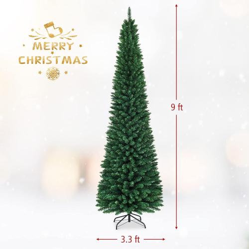 7.5ft Artificial Pencil Christmas Tree, Unlit Slim Xmas Pine Tree w/ Branch Tips, Metal Foldable Base, Ideal for Holiday Home Office Party Decor, Green