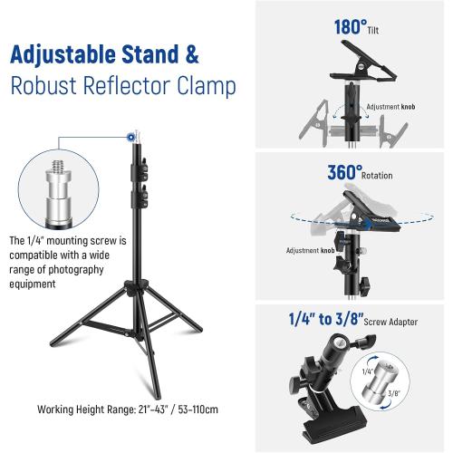 NEEWER 43/110cm Light Reflector Kit, 5 in 1 Collapsible Round Reflector (Translucent/Silver/Gold/White/Black), Metal Clamp and 21-43”/53-110cm Short Stand for Low Angle Studio Photography