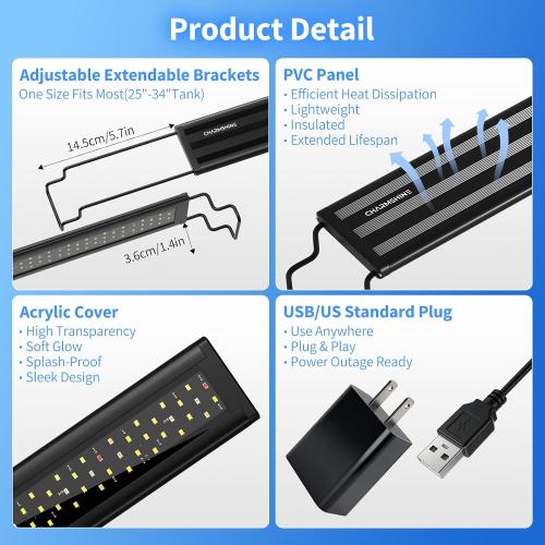 Aquarium Lights for Fish Tank 20 gallon, 24-30in Aquarium Plant Light USB Full Spectrum Fish Tank LED with Timer 6/8/12H ,Memory Function,Adjustable Brightness (Plug and Temp Strip Included)