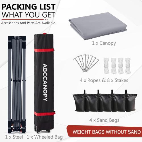 Size 10x10 Color Grey ABCCANOPY Outdoor Pop up Canopy Tent, 10x10 Instant Portable Canopy for Camping, Beach, Backyard,Gray