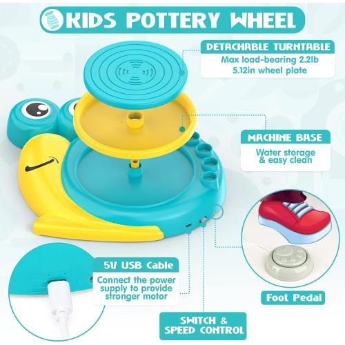 Pottery Wheel for Kids - Complete Art Supplies Arts & Crafts Kit, Crafts for Girls 8-12, Girls Boy Toys Birthday Halloween Christmas Gift for Kids Ages 6 7 8 9 10 11 12 , (Snail)