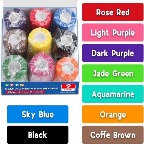 AZEN 9 Pack Self Adhesive Bandage Wrap, 4 X 5 Yards Elastic Cohesive Bandage Wrap, Color Athletic Tape, Tattoo Grip Tape Wrap, Vet Wrap, Ankle Tape