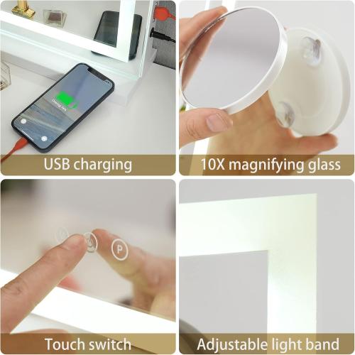 Sucedey 23 x 19 Vanity Mirror with Lights, Large Makeup Mirror with 3 Color Modes & Adjustable Brightness, Detachable 10x Zoom Mirror,Smart Touch Control,Plug in(Tabletop & Wall-Mounted)