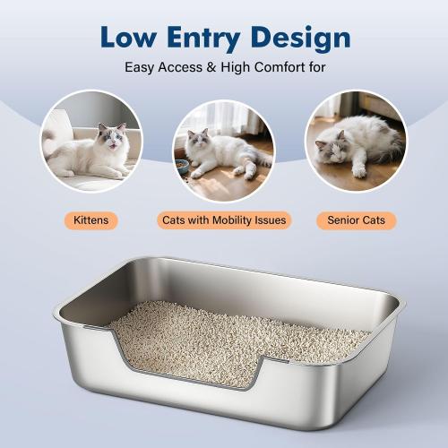 Qiuma Stainless Steel Cat Litter Box with Low Entry, Large Metal Kitty Litter Box for Senior or Injured Cats, Odor-Free, Non-Stick, Easy to Clean, 23.4x15.6x7.8, for Multiple Cats