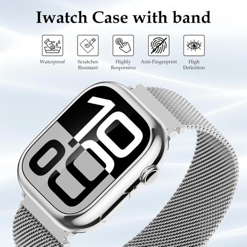 Waterproof Stainless Steel Milanese Band with Case Compatible for Apple Watch 38mm 40mm 41mm 42mm 44mm 45mm 46mm 49mm Women/Men,Magnetic Strap for iWatch Series 11 10 9 8 7 6 5 4 3 2 1 SE SE3 Ultra2/3