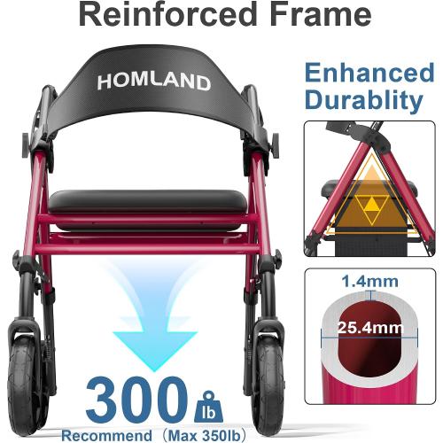 HOMLAND Walkers for Seniors with Seat, Foldable Rollator Walker, Reinforced Aluminum Frame, 8 Big Rubber Wheels for All Terrain, Height Adjustable Lightweight Rolling Walker