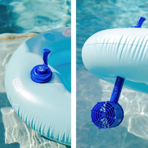 Comfy Floats Motorized Pool Float with 12V Propeller and Cup Holder | 12V motor with 360 degree steering and a built-in cup holder. Oversized tube sized for adults on pools and calm lakes.