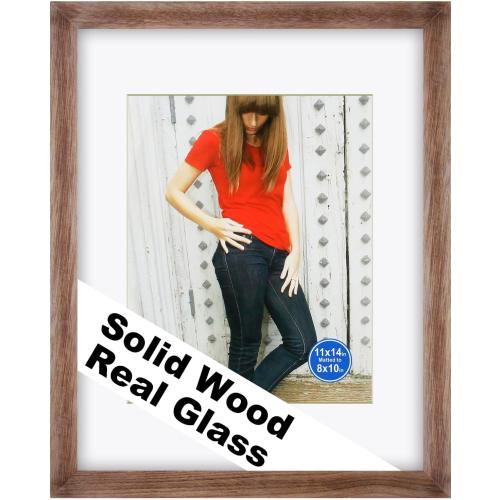 RPJC 11x14 (8x10 Mat) Solid Wood Picture Frame Real Glass Cover Carbonized | Fits 8x10 with Mat or 11x14 Without Mat, Easel Back, Wall Mount or Tabletop Display Photo Frame, Gift-Ready in White Box
