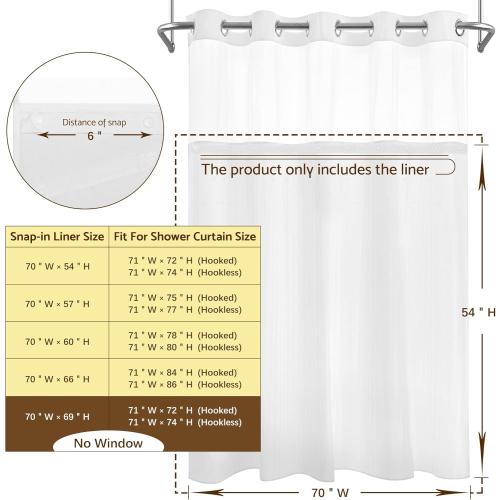 Barossa Design Fabric Snap-in Shower Curtain Liner Replacement, Removable & Washable, Hotel Style, 70x54, White
