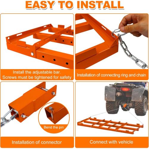 4 Ft Drag Harrow, Heavy Duty Driveway Grader, Tow Behind Lawn Rake with 5 Ft Chain, 4 Safety Belts, 2 Adjustable Bars, Driveway Drag for Gravel, Sand, Lawn, Soil, Hay, ATV, UTV, Mower, Tractor, Orange