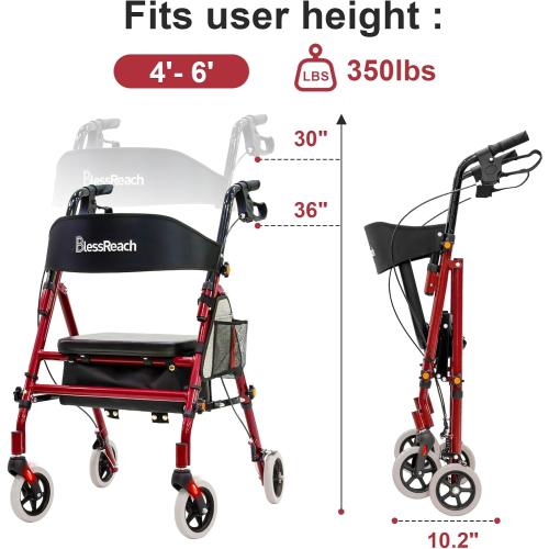 Lightweight Foldable Rollator Walkers with Seat for Seniors, 350 lb Capacity, 5-Position Adjustable Height, Premium Hybrid Rolling Walker - Aluminum and Carbon Steel (Red)