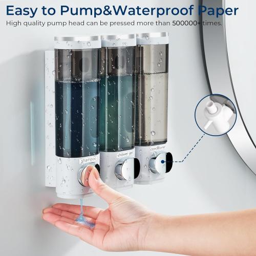 Shampoo and Conditioner Dispenser, Pollock Shower Soap Dispenser 3 Chamber No Drill, Wall Mounted Shampoo Body Wash Conditioner for Bathroom Large Capacity,White