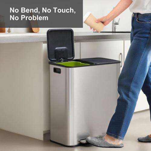 DUMOS 2 x 10.5 Gallon Kitchen Trash Can with Lid, Stainless Steel Garbage Can with Soft-Close Lid & Removable Inner Buckets, Dual Compartment Step-on Waste Bins for Kitchen, Home Office