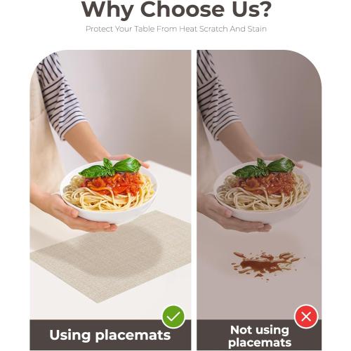 Leetaltree Beige Placemats Set of 8 - Heat Resistant Non-Slip Place mats for Dining Table, Washable Durable PVC Vinyl Woven Table Mats（Beige, 8）