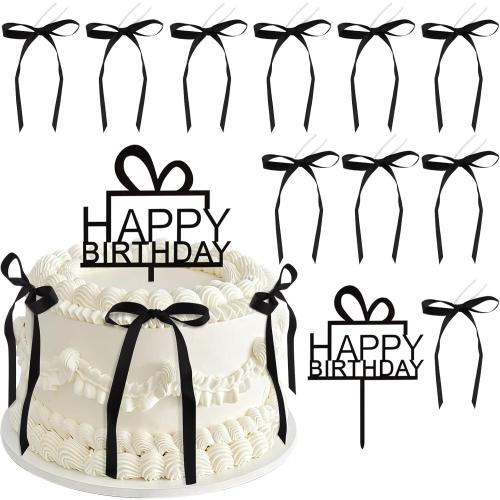 11 Pack Bow Cupcake Toppers Birthday Bowknot Ribbons Cake Topper Coquette Themed Party Black Bow with Happy Birthday Sign for Girl Kids Baby Bridal Wedding Party Cake Decorations