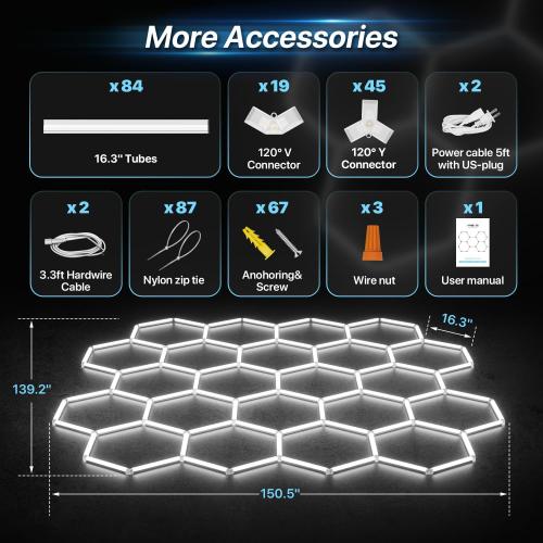 HYPERLITE Gen 2 Hexagon Garage Light, Upgraded 3 Level Dimmable 581W 58100LM Super Bright Garage Detailing Lights, 22 Grids Hexagon Shop Lights, Hex LED Lights for Basement, Gym, Barber